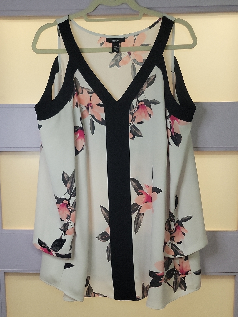 Alfani White Cold-Shoulder Floral Blouse with Black Trim
